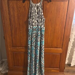 London Times Teal, Black and White Patterned Halter Maxi Dress